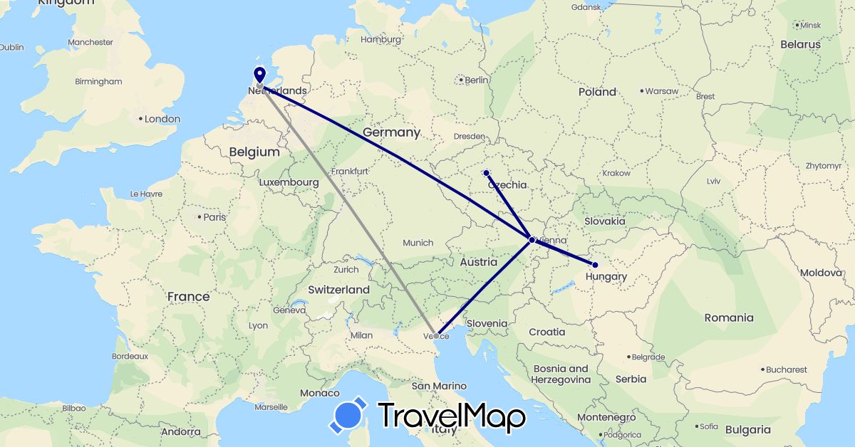 TravelMap itinerary: driving, plane in Austria, Czech Republic, Hungary, Italy, Netherlands (Europe)